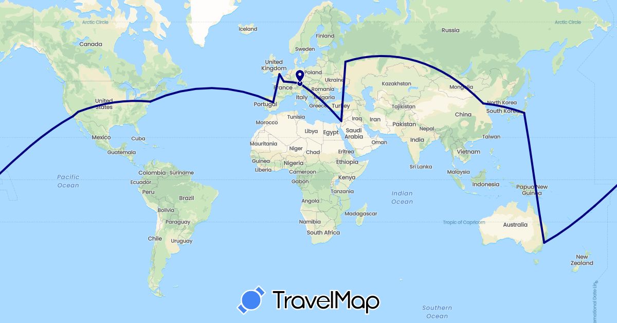 TravelMap itinerary: driving in Australia, China, Germany, Spain, France, United Kingdom, Israel, Japan, Russia, United States (Asia, Europe, North America, Oceania)